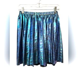 UO Silence + Noise Metallic Oil Slick Blue & Purple Pleated Mini Stretch Skirt M
